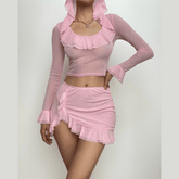 Ruffle hoodie long sleeve square neck mini skirt set