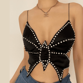 Butterfly beaded rhinestone cross open back top