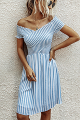 Smocked Chest Bardot Stripe Print Mini Dress