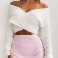 White Cross Collar Short Knit Sweater