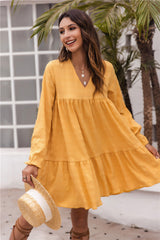 Yellow V-neck Bubble Sleeves Long Sleeves Mini Dresses