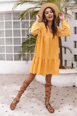 Yellow V-neck Bubble Sleeves Long Sleeves Mini Dresses