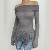 Off shoulder long sleeve irregular ruched solid top