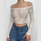Off shoulder long sleeve lace see through solid crop top