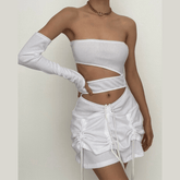 Solid irregular gloves off shoulder drawstring hollow out mini dress