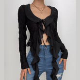 Textured long sleeve ruffle self tie solid crop top