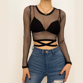 Round neck long sleeve tie back fishnet top