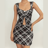 Cap sleeve plaid bowknot slit mini skirt set