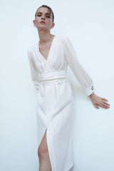 V-neck Tie-Back Slit Splicing Midi Dresses