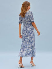 V-neck Slit Floral Printed Midi Dress