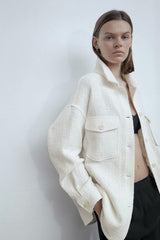 White Lapel Single-breasted Pocket Button Shirt Outerwear