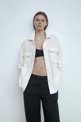 White Lapel Single-breasted Pocket Button Shirt Outerwear