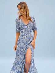 V-neck Slit Floral Printed Midi Dress