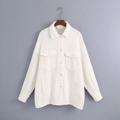 White Lapel Single-breasted Pocket Button Shirt Outerwear