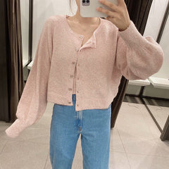 Splicing Single-breasted Lantern Sleeve Cardigan Sweaters Tank Tops