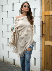 Tassel Fringed Pullover Bead Pompom Collar Sweater Cloak Shawl Cape