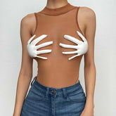 Palm applique mesh high neck sleeveless contrast bodysuit