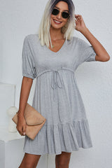V Neck Drawstring Waist Solid Casual Mini Dress