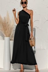 Solid Color Skew Neck Stringy Selvedge Maxi Dress