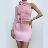 Solid irregular flower applique hollow out zip-up mini skirt set