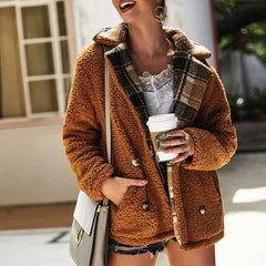 Women High Collar Button Plush Coat