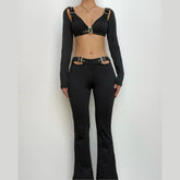 Buckle hollow out solid long sleeve backless v neck pant set