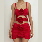 Solid ruched hollow out flower applique backless mini dress