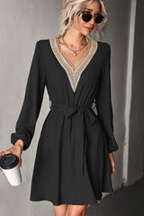 Fashion V Neck Solid Lace Long Sleeve Dress