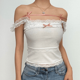 Bowknot lace hem contrast sleeveless backless top