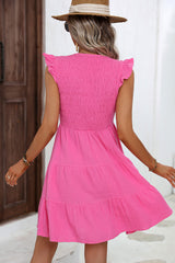V Neck Solid Smocked Ruffle Hem Mini Dress