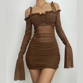 Self tie long flared sleeve ruffle ruched off shoulder mini dress