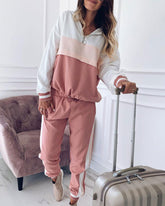 Womens Casual Colorblock Hooded Sports Two-piece Suit Plus Size