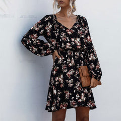 V-neck Lace-up Polka Dot Bubble Lantern Sleeve Flower Dress