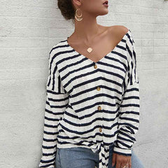 Women V-Collar Single Breasted Stripe Long Sleeve Sweater Cardigan Shirt