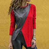 Women's Round Neck Leather Irregular Splicing Sweater