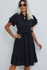Ruffled Short Sleeve Solid Casual Dress