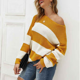 Women Sexy Round Neck Wide Stripe Loose sweater