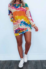 Florcoo Round Neck Pullover Tie-Dye Printing Mini Dress