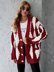 V-neck Single-breasted Contrast Color Argyle Pattern Cardigan Sweater