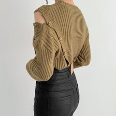 Stripe Button Strapless Splicing Knit Sweater