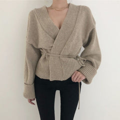 V-neck Lace-up Pit Striped Splicing Sweaters