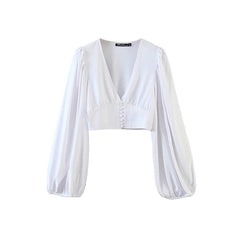 Vintage V-neck Loose Lantern Sleeve Single-breasted Blouse