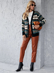 V-neck Plaid Argyle Pattern Knit Cardigan Sweater Outerwear