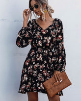 V-neck Lace-up Polka Dot Bubble Lantern Sleeve Flower Dress