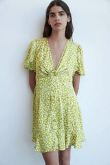 V-neck Puff Sleeve Single-breasted Floral Mini Dresses