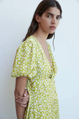 V-neck Puff Sleeve Single-breasted Floral Mini Dresses