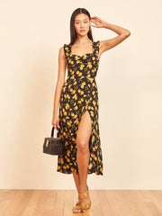 Vintage Suspenders Backless Slit Floral Chiffon Midi Dresses