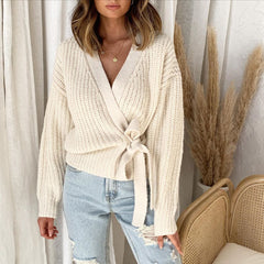 V-neck Lace-up Knit Apricot Lantern Sleeve Sweaters