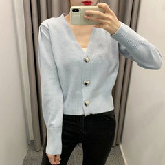 V-neck Heart Shape Button Single-breasted Knit Cardigan