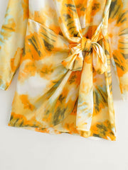 V-neck Pile Collar Lace-up Tie Dye Mini Dresses